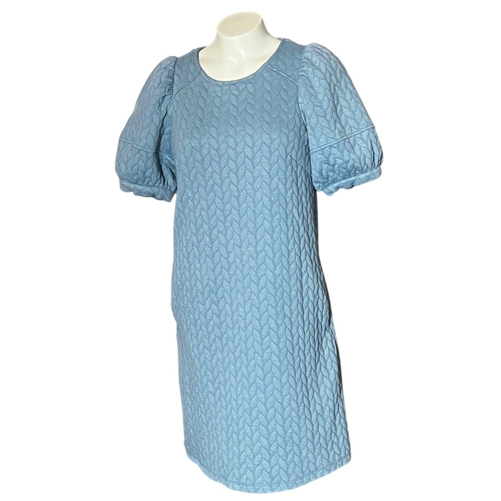 THML Quilted Puff Sleeve Dress Light Blue Textured Knit Casual Tunic XS